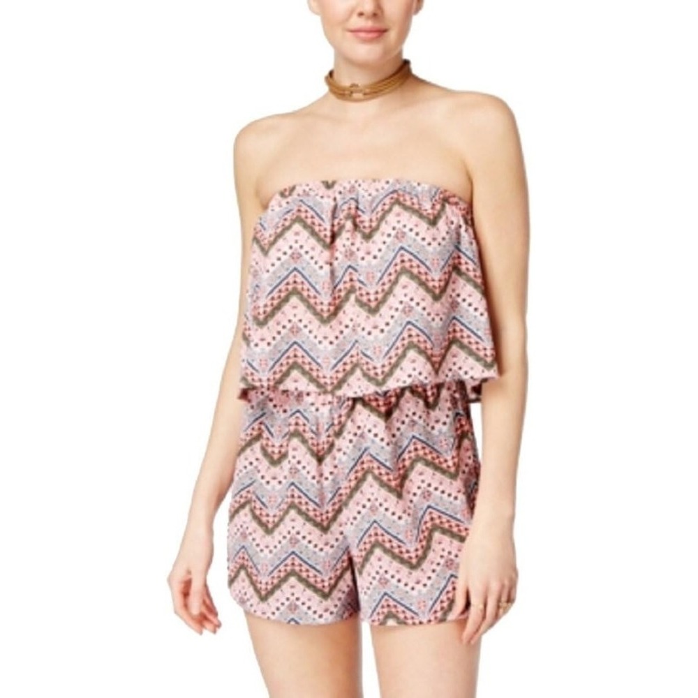 Ultra Flirt Juniors' Printed Strapless Popover Romper-Sea SprayGeorgia Pea Sz M